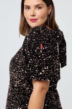 Women Scamp & Dude Bronze Sequin Tie Back Puff Sleeve Velvet Midi Dress