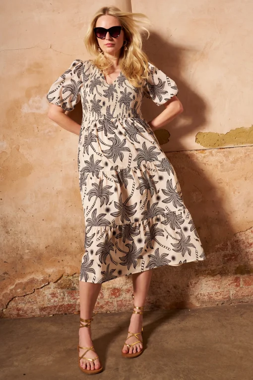 Women Scamp & Dude COMING SOON: Neutral with Black Palm Spring Shirred Puff Sleeve Midi Dress