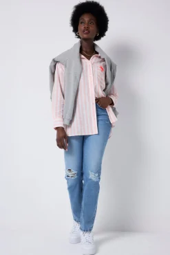 Women Scamp & Dude Coral and White Stripe Relaxed Shirt