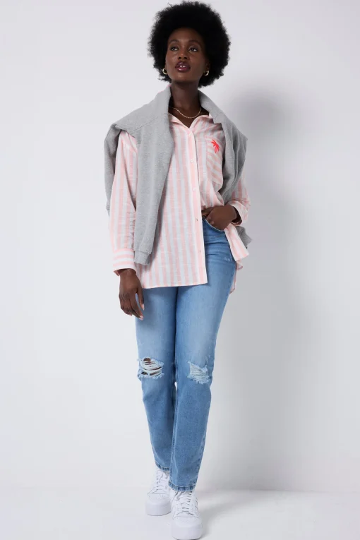 Women Scamp & Dude Coral and White Stripe Relaxed Shirt