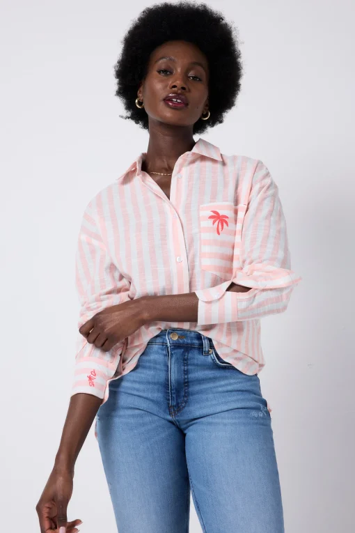 Women Scamp & Dude Coral and White Stripe Relaxed Shirt