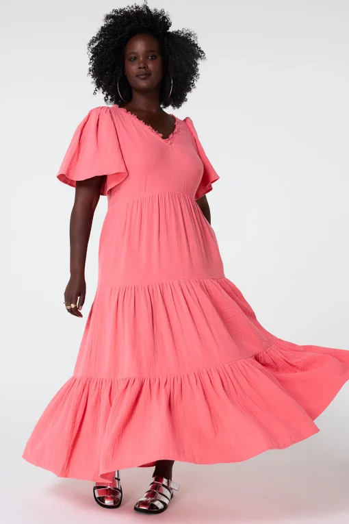 Women Scamp & Dude Coral Flute Sleeve Tiered Midi Dress