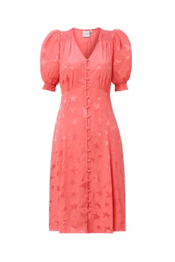 Women Scamp & Dude Coral Star Jacquard Flute Sleeve Short Tea Dress