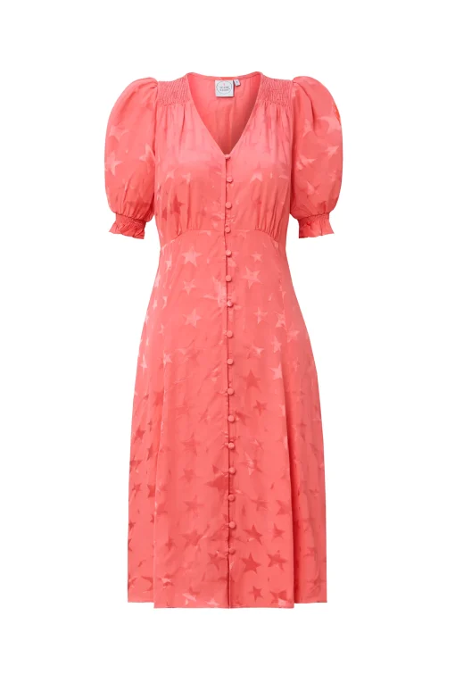 Women Scamp & Dude Coral Star Jacquard Flute Sleeve Short Tea Dress