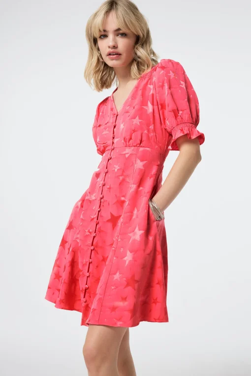 Women Scamp & Dude Coral Star Jacquard Flute Sleeve Short Tea Dress