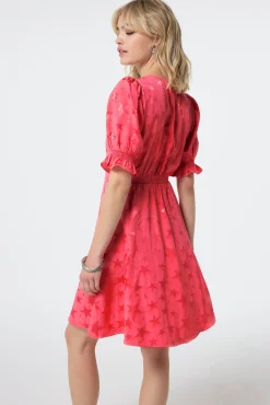 Women Scamp & Dude Coral Star Jacquard Flute Sleeve Short Tea Dress