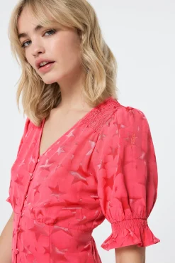 Women Scamp & Dude Coral Star Jacquard Flute Sleeve Short Tea Dress