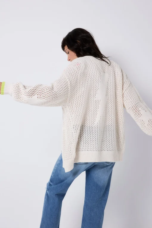 Women Scamp & Dude Cream Star and Lightning Bolt Knitted Crochet Cardigan