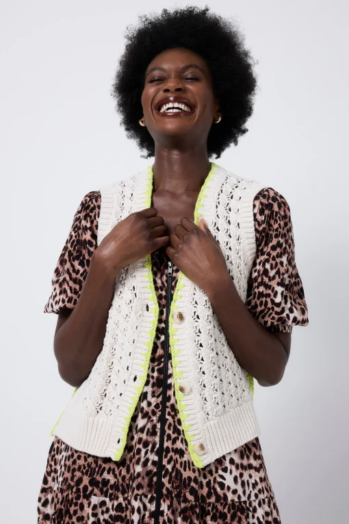 Women Scamp & Dude Cream with Neon Yellow Knitted Crochet Waistcoat