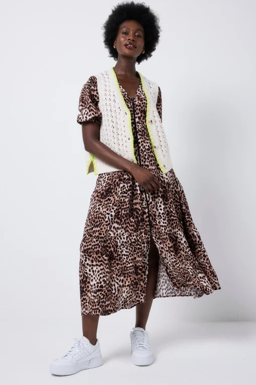 Women Scamp & Dude Cream with Neon Yellow Knitted Crochet Waistcoat