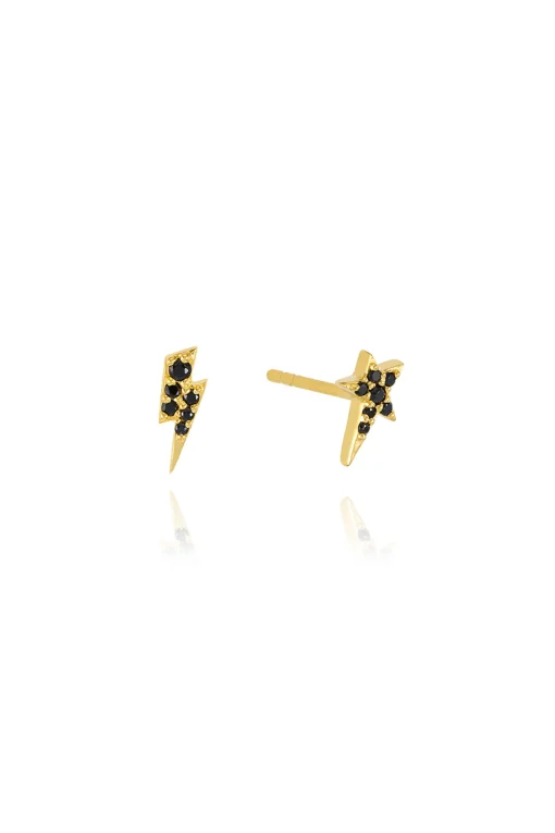 Women Scamp & Dude Gold Plated Lightning Bolt & Star Stud Earrings with Black Pavé Detailing