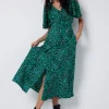 Women Scamp & Dude Green with Black Leopard Angel Sleeve Midi Tea Dress