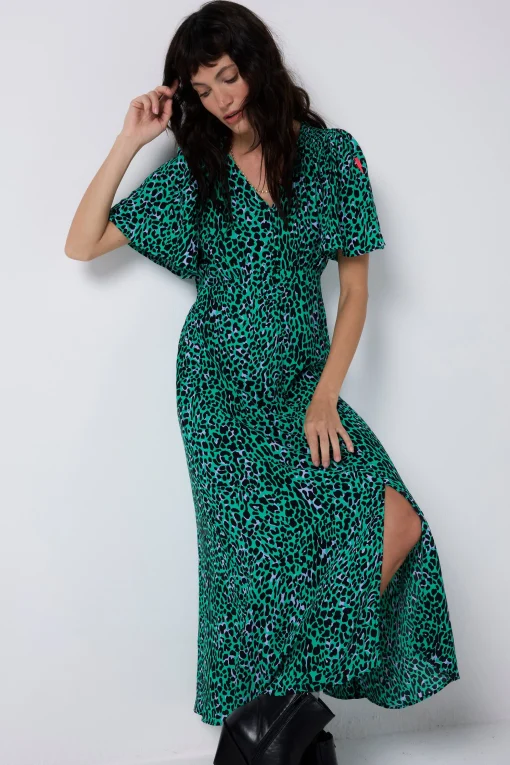 Women Scamp & Dude Green with Black Leopard Angel Sleeve Midi Tea Dress