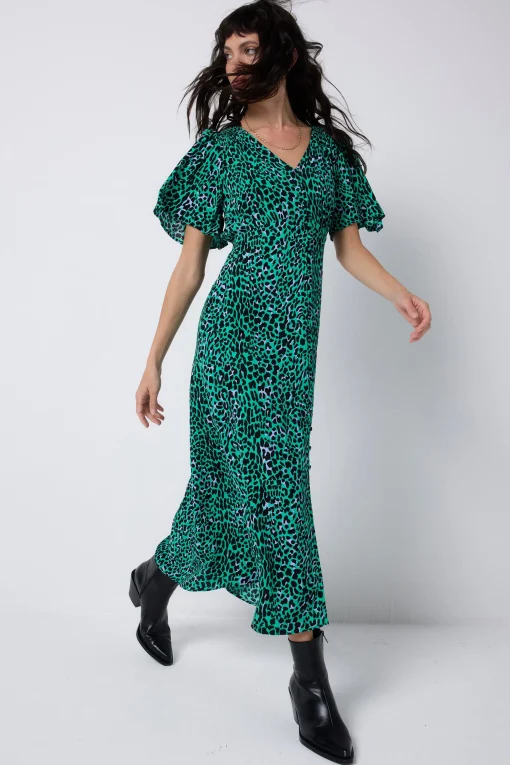Women Scamp & Dude Green with Black Leopard Angel Sleeve Midi Tea Dress