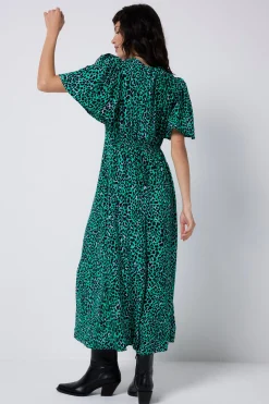 Women Scamp & Dude Green with Black Leopard Angel Sleeve Midi Tea Dress
