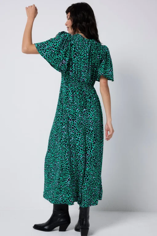Women Scamp & Dude Green with Black Leopard Angel Sleeve Midi Tea Dress