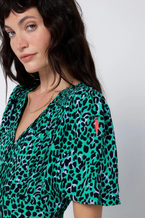 Women Scamp & Dude Green with Black Leopard Angel Sleeve Midi Tea Dress