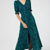 Women Scamp & Dude Green with Black Wild Leopard Flute Sleeve Midi Tea Dress