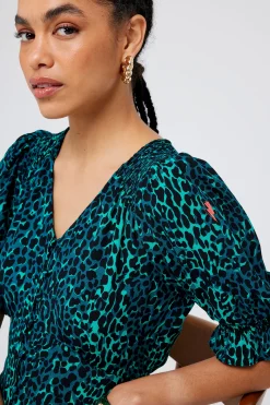 Women Scamp & Dude Green with Black Wild Leopard Flute Sleeve Midi Tea Dress