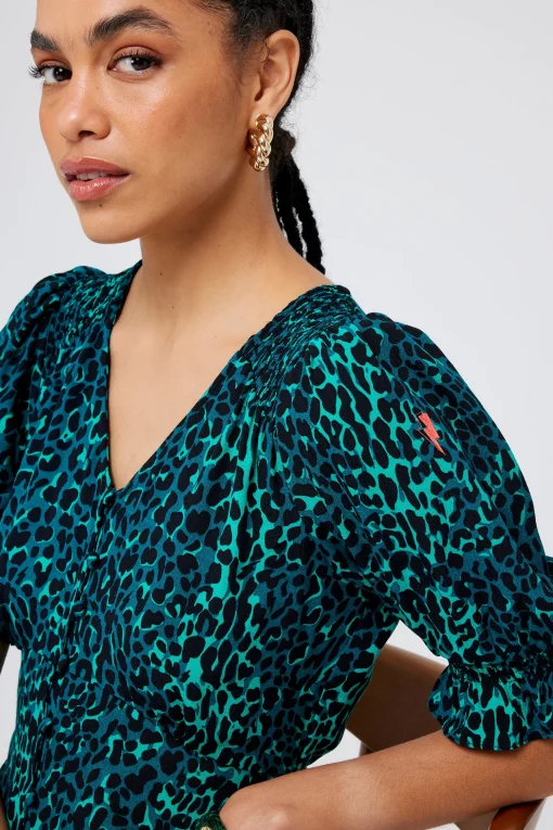Women Scamp & Dude Green with Black Wild Leopard Flute Sleeve Midi Tea Dress