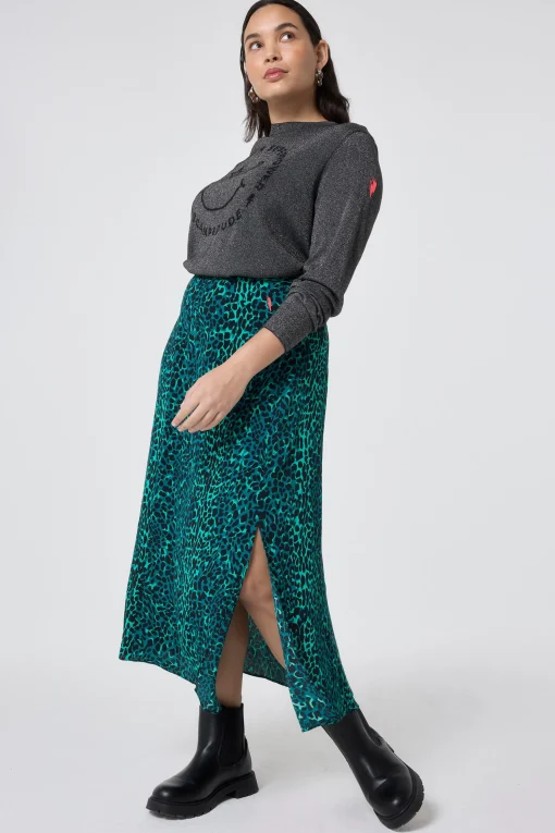 Women Scamp & Dude Green with Black Wild Leopard Side Split Skirt
