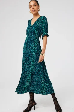 Women Scamp & Dude Green with Black Wild Leopard Flute Sleeve Midi Tea Dress