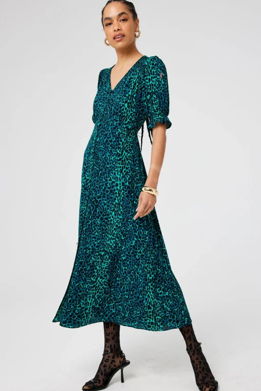 Women Scamp & Dude Green with Black Wild Leopard Flute Sleeve Midi Tea Dress