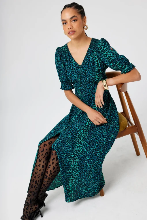 Women Scamp & Dude Green with Black Wild Leopard Flute Sleeve Midi Tea Dress
