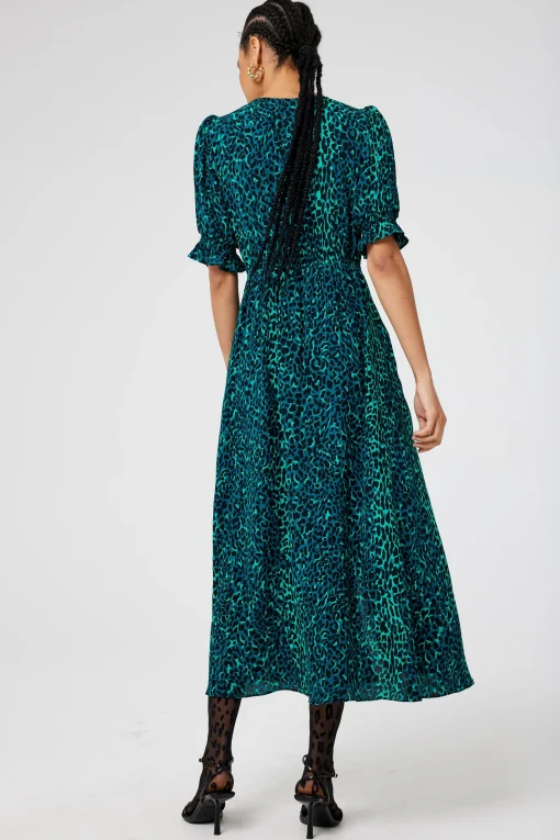 Women Scamp & Dude Green with Black Wild Leopard Flute Sleeve Midi Tea Dress