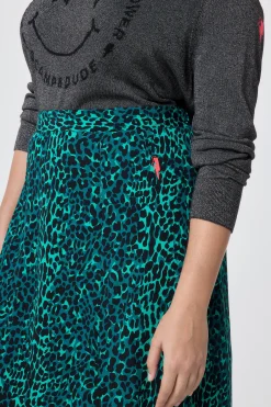 Women Scamp & Dude Green with Black Wild Leopard Side Split Skirt