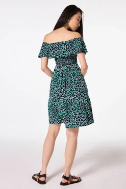 Women Scamp & Dude Green with Pink and Black Leopard Short Bardot Dress