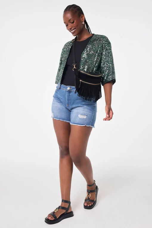 Women Scamp & Dude Green with Silver Sequin Cropped Jacket