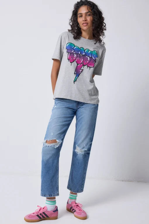 Women Scamp & Dude Grey Marl Bubble Graffiti Slogan T-Shirt