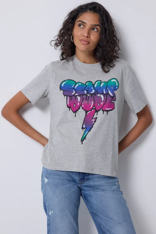 Women Scamp & Dude Grey Marl Bubble Graffiti Slogan T-Shirt