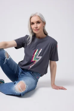 Women Scamp & Dude Grey with Multi Coloured Sequin and Foil Lightning Bolt T-Shirt