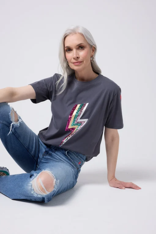 Women Scamp & Dude Grey with Multi Coloured Sequin and Foil Lightning Bolt T-Shirt