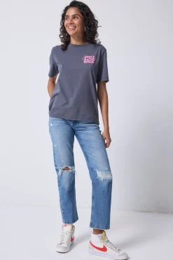 Women Scamp & Dude Grey with Neon Pink Smile Back Slogan T-Shirt