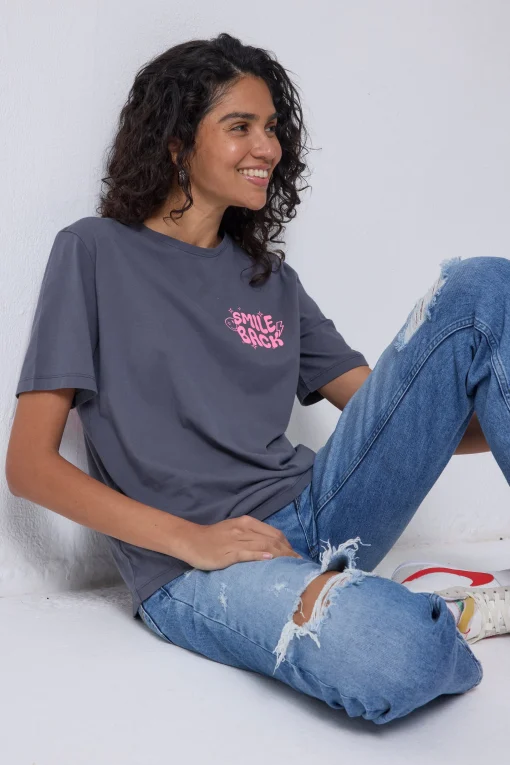 Women Scamp & Dude Grey with Neon Pink Smile Back Slogan T-Shirt