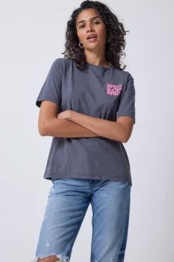Women Scamp & Dude Grey with Neon Pink Smile Back Slogan T-Shirt