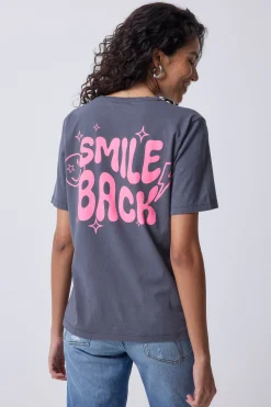 Women Scamp & Dude Grey with Neon Pink Smile Back Slogan T-Shirt