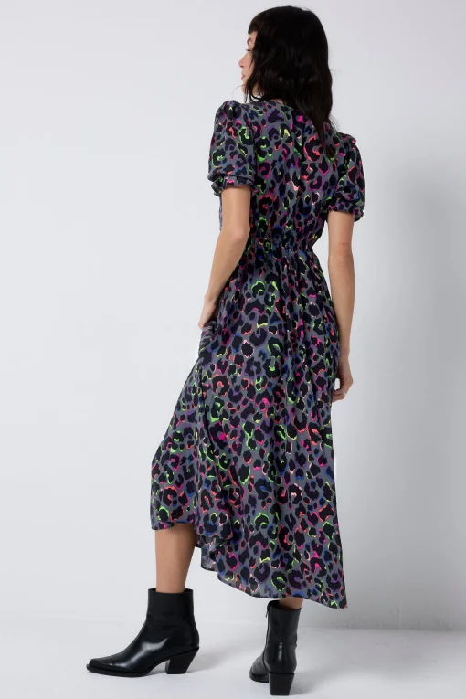 Women Scamp & Dude Grey with Rainbow Shadow Leopard Flute Sleeve Midi Tea Dress