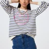 Women Scamp & Dude Ivory with Blue Stripe and Smiley Face Oversized Sweatshirt
