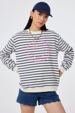 Women Scamp & Dude Ivory with Blue Stripe and Smiley Face Oversized Sweatshirt