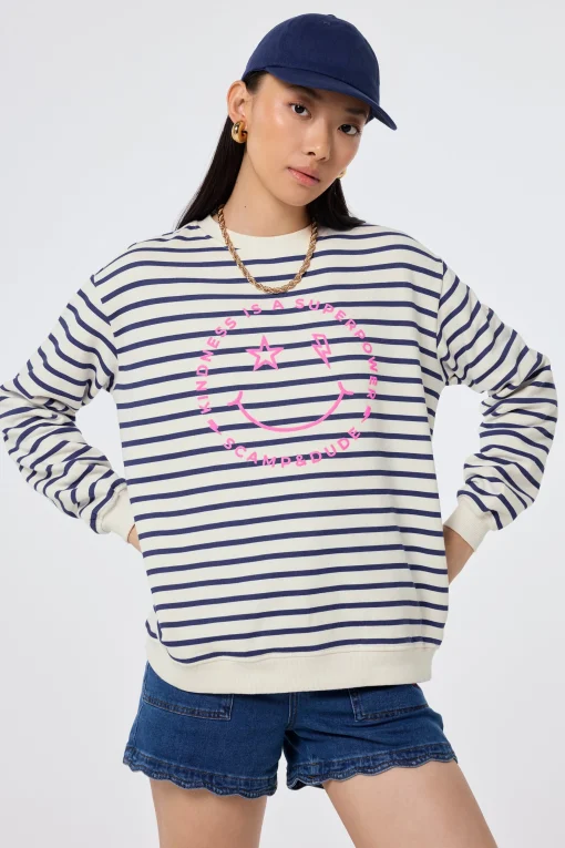 Women Scamp & Dude Ivory with Blue Stripe and Smiley Face Oversized Sweatshirt