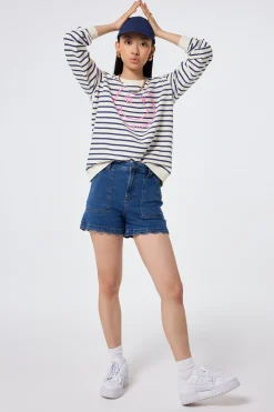 Women Scamp & Dude Ivory with Blue Stripe and Smiley Face Oversized Sweatshirt