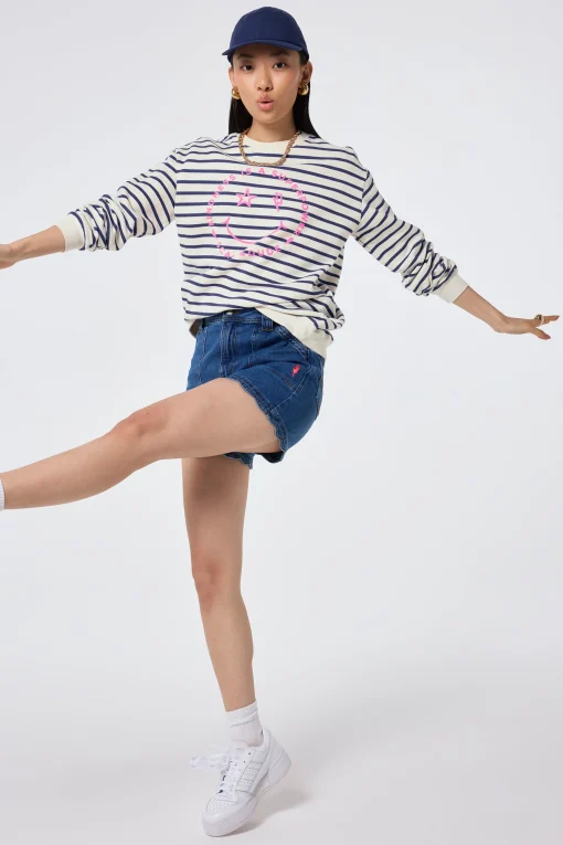 Women Scamp & Dude Ivory with Blue Stripe and Smiley Face Oversized Sweatshirt