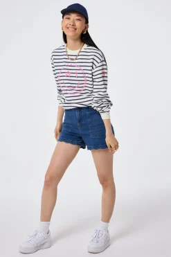 Women Scamp & Dude Ivory with Blue Stripe and Smiley Face Oversized Sweatshirt