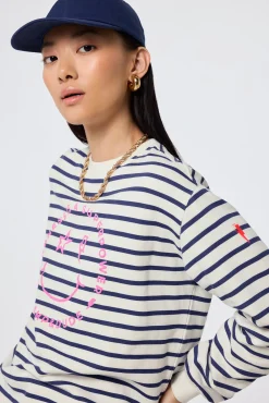 Women Scamp & Dude Ivory with Blue Stripe and Smiley Face Oversized Sweatshirt