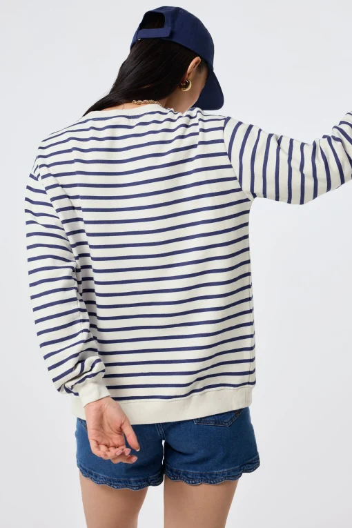 Women Scamp & Dude Ivory with Blue Stripe and Smiley Face Oversized Sweatshirt