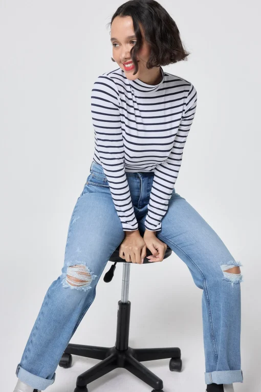 Women Scamp & Dude Ivory with Navy Stripe Long Sleeve Polo Top